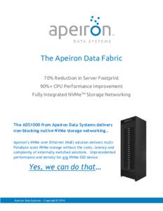 The Apeiron Data Fabric 70% Reduction in Server Footprint 90%+ CPU Performance Improvement Fully Integrated NVMeTM Storage Networking  The ADS1000 from Apeiron Data Systems delivers