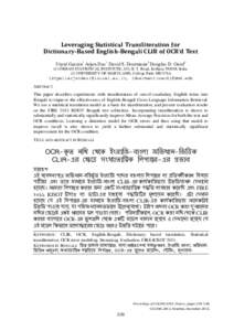 Leveraging Statistical Transliteration for Dictionary-Based English-Bengali CLIR of OCR’d Text Utpal Garain1 Arjun Das1 David S. Doermann2 Douglas D. Oard2 (1) INDIAN STATISTICAL INSTITUTE, 203, B. T. Road, Kolkata 700