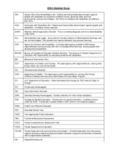 IDEA Alphabet Soup 504 Section 504 of the Rehabilitation Act. Federal law that prohibits discrimination against people with disabilities by recipients of federal money, generally state and local governments, schools and 