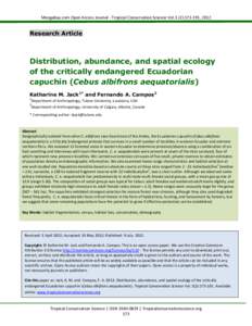 Mongabay.com Open Access Journal - Tropical Conservation Science Vol.5 (2):, 2012  Research Article Distribution, abundance, and spatial ecology of the critically endangered Ecuadorian