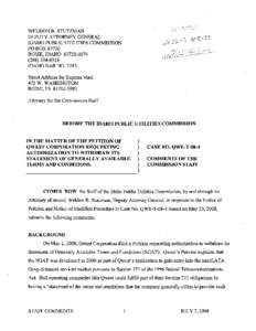 WELDON B. STUTZMAN DEPUTY ATTORNEY GENERAL IDAHO PUBLIC UTILITIES COMMISSION PO BOX[removed]BOISE, IDAHO[removed][removed]