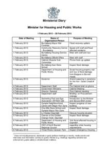 Ministerial Diary1 Minister for Housing and Public Works 1 February 2013 – 28 February 2013 Date of Meeting 1 February[removed]February 2013