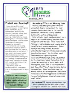Summer, 2013 Protect your hearing!! Secondary Effects of Hearing Loss  Noise is one of the most
