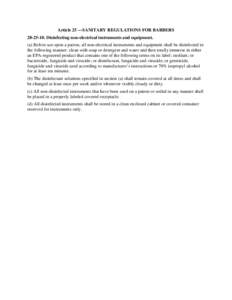 Article 25 —SANITARY REGULATIONS FOR BARBERS[removed]Disinfecting non-electrical instruments and equipment. (a) Before use upon a patron, all non-electrical instruments and equipment shall be disinfected in the follo