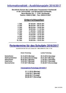 Informationsblatt - AusbildungsjahrBerufliche Schule des Landkreises Vorpommern-Greifswald in der Universitäts- und Hansestadt Greifswald, Hans-Beimler-Str. 7, 17491 Greifswald Telefon:  – Fax: 0
