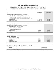 ADAMS STATE UNIVERSITY 2014 CHEIBA Trust Benefits / Monthly Premium Rate Sheet . TOTAL COST