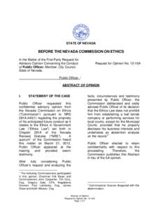 STATE OF NEVADA  BEFORE THE NEVADA COMMISSION ON ETHICS In the Matter of the First-Party Request for Advisory Opinion Concerning the Conduct of Public Officer, Member, City Council,