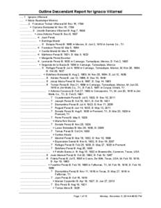 Outline Descendant Report for Ignacio VillarrealIgnacio Villarreal ..... + Maria Guadalupe MorenoFrancisco Tomas Villarreal M: Nov 16, 1799 ........... + Cipriana Gonzalez M: Nov 16, 1799 ........