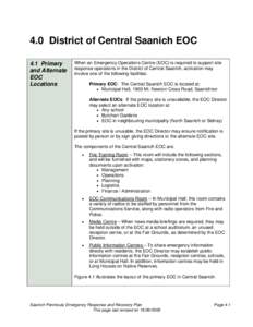4.0 District of Central Saanich EOC 4.1 Primary and Alternate EOC Locations