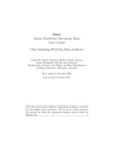 limma: Linear Models for Microarray Data User’s Guide (Now Including RNA-Seq Data Analysis)  Gordon K. Smyth, Matthew Ritchie, Natalie Thorne,