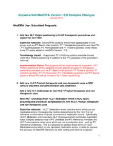 Implemented MedDRA Version 18.0 Complex Changes (January[removed]MedDRA User Submitted Requests:  1. Add New HLT Patient positioning to HLGT Therapeutic procedures and