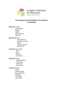 Cronograma de Asambleas Territoriales Canelones Martes 22 La Paz. San Bautista Migues Suárez