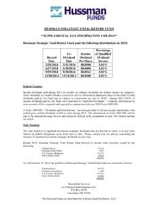 HUSSMAN STRATEGIC TOTAL RETURN FUND **SUPPLEMENTAL TAX INFORMATION FOR 2014** Hussman Strategic Total Return Fund paid the following distributions in 2014: Record Date