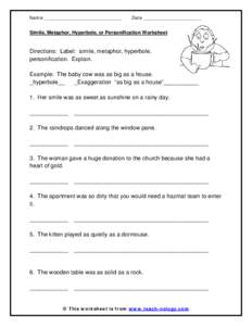 Simile, Metaphor, Hyperbole, or Personification Worksheet