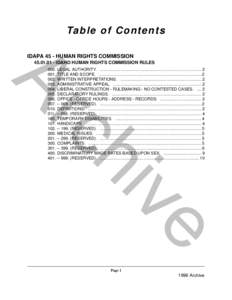 Ta b l e o f C o n t e n t s IDAPA 45 - HUMAN RIGHTS COMMISSION[removed]IDAHO HUMAN RIGHTS COMMISSION RULES e
