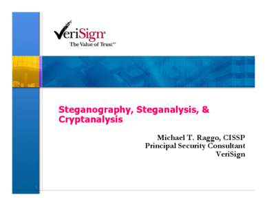 Steganography, Steganalysis, & Cryptanalysis Michael T. Raggo, CISSP Principal Security Consultant VeriSign