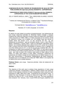 Rev. Colombiana cienc. Anim. 5(2):[removed],2013  ORIGINAL COMPARACIÓN DE DOS ÍNDICES DE REABSORCIÓN DE AGUA EN TRES POBLACIONES DE Capromys pilorides (RODENTIA : CAPROMYIDAE)