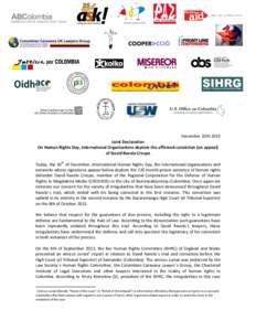 December 10th 2013 Joint Declaration On Human Rights Day, International Organizations deplore the affirmed conviction (on appeal) of David Ravelo Crespo Today, the 10th of December, international Human Rights Day, the in