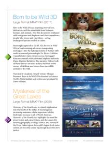 Born to be Wild 3D Large Format IMAX® Film[removed]Born to be Wild 3D is an inspiring story of love, dedication, and the remarkable bond between humans and animals. This film documents orphaned wild orangutans and elepha