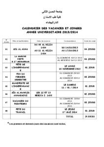 CALENDRIER DES VACANCES ET CONGES ANNEE UNIVERSITAIRE[removed]N° d’ordre  Fêtes et manifestations