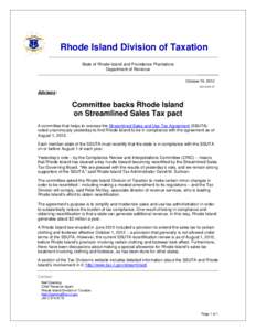 Rhode Island Division of Taxation State of Rhode Island and Providence Plantations Department of Revenue October 19, 2012 ADV