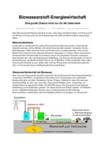 Biowasserstoff-Energiewirtschaft Eine große Chance nicht nur für die Uckermark Karl-Heinz Tetzlaff ~ Mörikestr. 6 ~ 65779 Kelkheim ~ www.bio-wasserstoff.de Eine Biowasserstoff-Energiewirtschaft ist eine solare Wassers