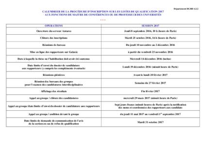 Département DGRH A2-2  CALENDRIER DE LA PROCÉDURE D’INSCRIPTION SUR LES LISTES DE QUALIFICATION 2017 AUX FONCTIONS DE MAITRE DE CONFÉRENCES OU DE PROFESSEUR DES UNIVERSITÉS *** OPERATIONS