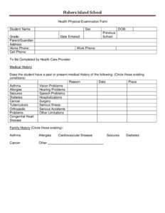 Fishers Island School Health Physical Examination Form Student Name Sex