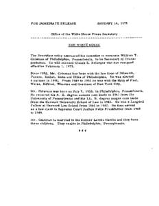 JANUARY 14, 1975  FOR IMMEDIATE RELEASE Office of the White House Press Secretary _____________ N
