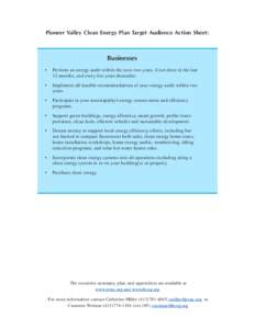 Pioneer Valley Clean Energy Plan Target Audience Action Sheet:  Businesses •  Perform an energy audit within the next two years, if not done in the last