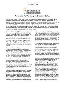 As of August 17, 2004  Threats to the Teaching of Evolution Science