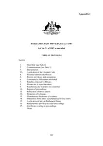 Appendix 1  PARLIAMENTARY PRIVILEGES ACT 1987 Act No. 21 of 1987 as amended TABLE OF PROVISIONS