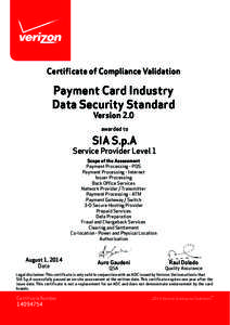 Certificate of Compliance Validation  Payment Card Industry Data Security Standard Version 2.0 awarded to