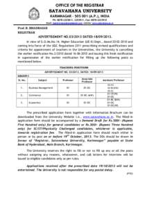 OFFICE OF THE REGISTRAR  S A T A V A H A N A U N IV E R S IT Y KARIMNAGAR – [removed]A.P.), INDIA Ph: [removed], [removed], Fax: [removed]Email: [removed], website: www.satavahana.ac.in