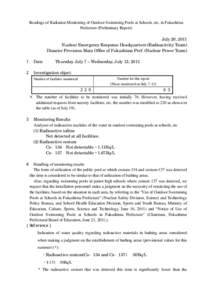 Readings of Radiation Monitoring of Outdoor Swimming Pools at Schools, etc. in Fukushima Prefecture (Preliminary Report) July 20, 2011 Nuclear Emergency Response Headquarters (Radioactivity Team) Disaster Provision Main 