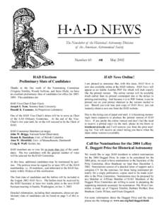 HxAxD NEWS The Newsletter of the Historical Astronomy Division of the American Astronomical Society Number 60  HAD Elections