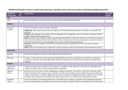PRISMA-IPD Checklist of items to include when reporting a systematic review and meta-analysis of individual participant data (IPD) PRISMA-IPD Section/topic Title Title