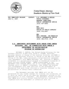 United States Attorney Southern District of New York FOR IMMEDIATE RELEASE JULY 6, 2007  CONTACT: