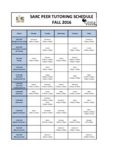 SARC PEER TUTORING SCHEDULE FALL 2016 Subject Monday