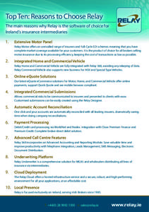 Top Ten: Reasons to Choose Relay The main reasons why Relay is the software of choice for Ireland’s insurance intermediaries 1.  Extensive Motor Panel