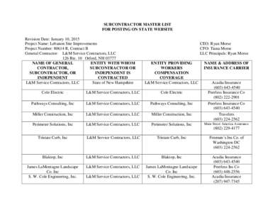 SUBCONTRACTOR MASTER LIST FOR POSTING ON STATE WEBSITE Revision Date: January 10, 2015 Project Name: Lebanon Site Improvements Project Number: 80614 R, Contract B General Contractor: L&M Service Contractors, LLC