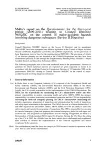 EU SECRETARIAT OFFICE OF THE PRIME MINISTER Malta’s replies to the Questionnaire for the threeyear period[removed]relating to Council Directive (EC[removed]on the control of majoraccident hazards involving dangero