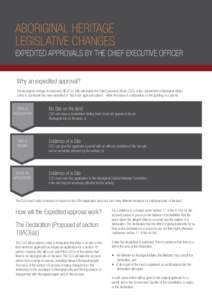 ABORIGINAL HERITAGE LEGISLATIVE CHANGES EXPEDITED APPROVALS BY THE CHIEF EXECUTIVE OFFICER Why an expedited approval? The Aboriginal Heritage Amendment Bill[removed]Bill) will enable the Chief Executive Officer (CEO) of th