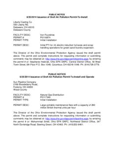PUBLIC NOTICE[removed]Issuance of Draft Air Pollution Permit-To-Install Liberty Casting Co 550 Liberty Rd, Delaware, OH 43015