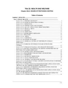 Title 22: HEALTH AND WELFARE Chapter 258-A: BOARD OF PESTICIDES CONTROL Table of Contents Subtitle 2. HEALTH.................................................................................................. Part 3. PUBLI