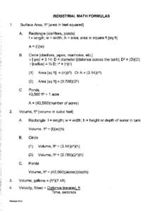 INDUSTRIAL MATH FORMULAS  1. Surface Area, ft2 [area in feet squared] A.