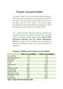 Tender Coconut Water The water of tender coconut, technically the liquid endosperm, is the most nutritious wholesome beverage that the nature has