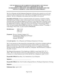 CITY OF HOQUIAM AND WASHINGTON DEPARTMENT OF ECOLOGY RESPONSIBLE OFFICIALS’ AMENDMENTS TO THE ENVIRONMENTAL CHECKLIST AND THRESHOLD DETERMINATION FOR WESTWAY TERMINAL TANK FARM EXPANSION PROJECT  The City of Hoquiam an