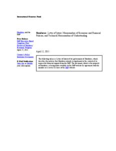 Honduras: Letter of Intent, Memorandum of Economic and Financial Policies, and Technical Memorandum of Understanding; April 12, 2011