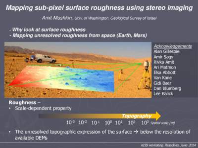 Mapping sub-pixel surface roughness using stereo imaging Amit Mushkin, Univ. of Washington, Geological Survey of Israel - Why look at surface roughness - Mapping unresolved roughness from space (Earth, Mars)